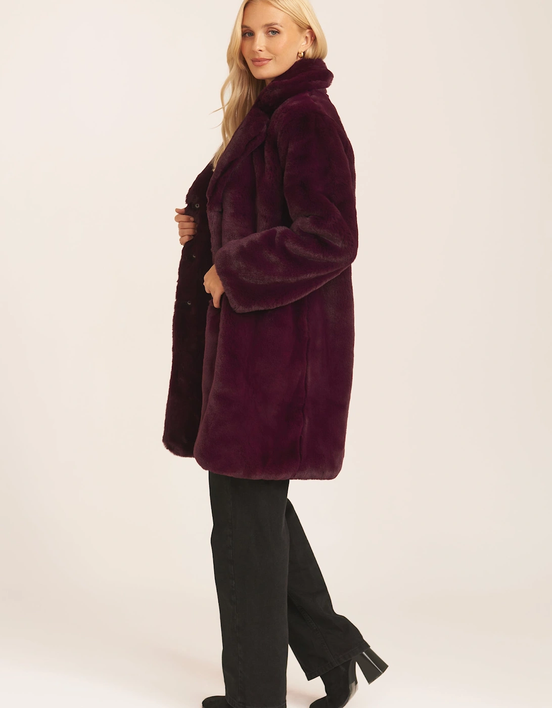 Plum Faux Fur Lapel Collar Longline Coat