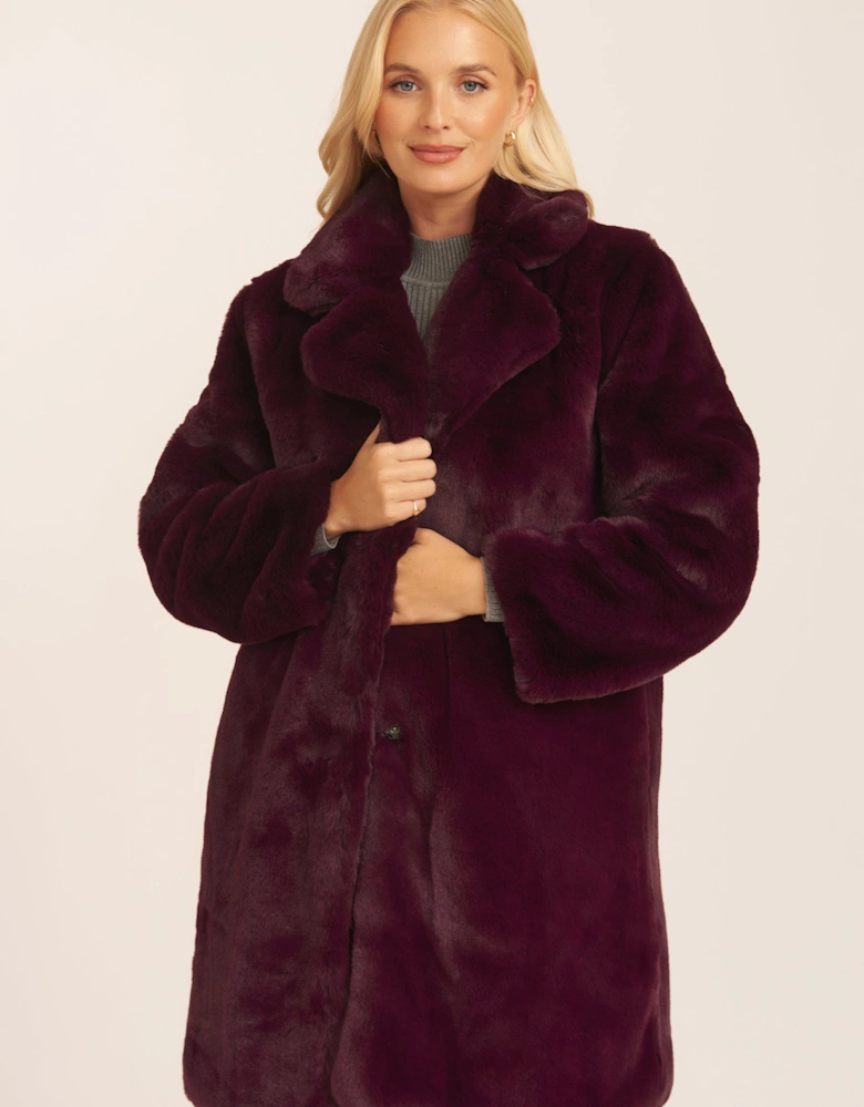 Plum Faux Fur Lapel Collar Longline Coat