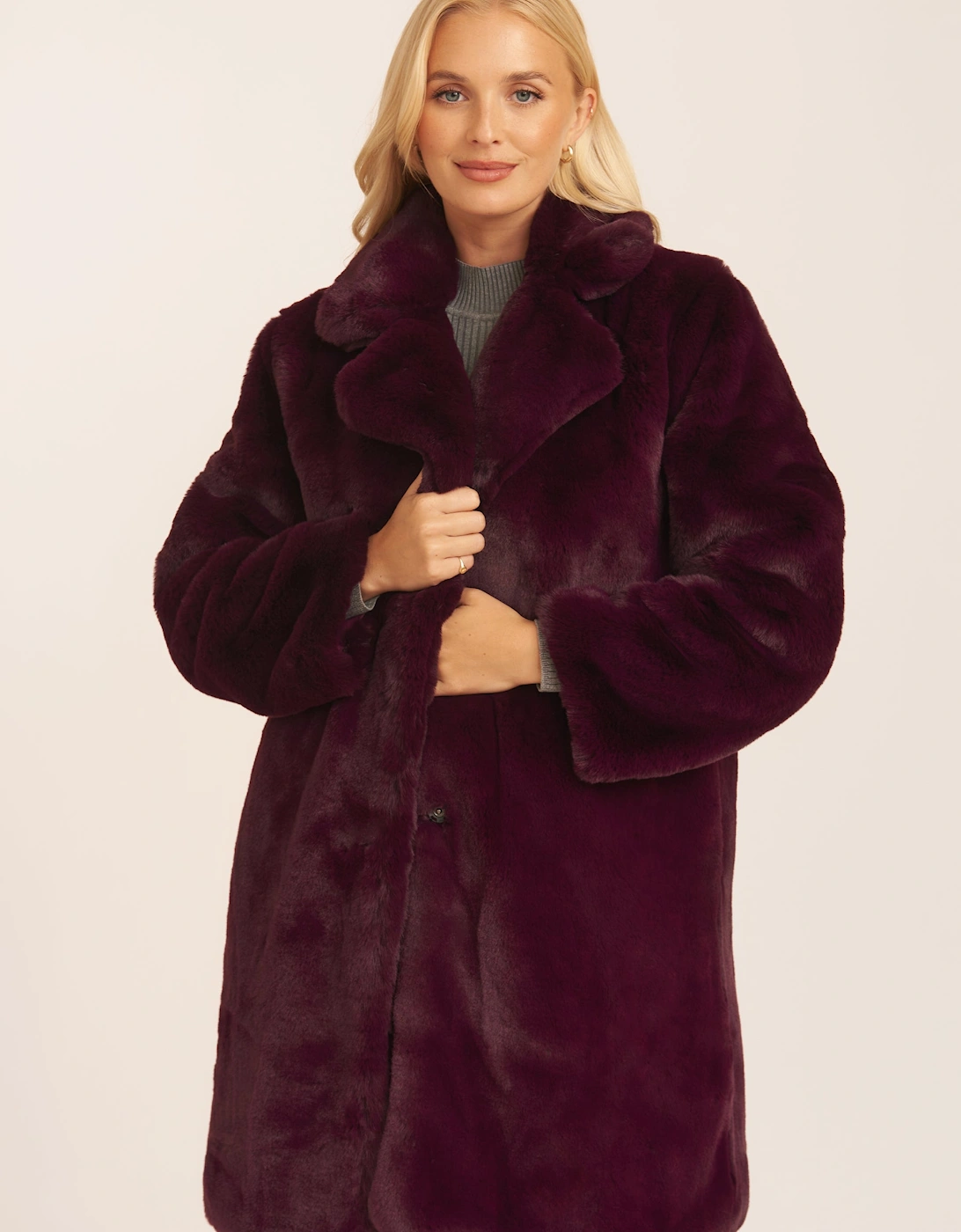 Plum Faux Fur Lapel Collar Longline Coat