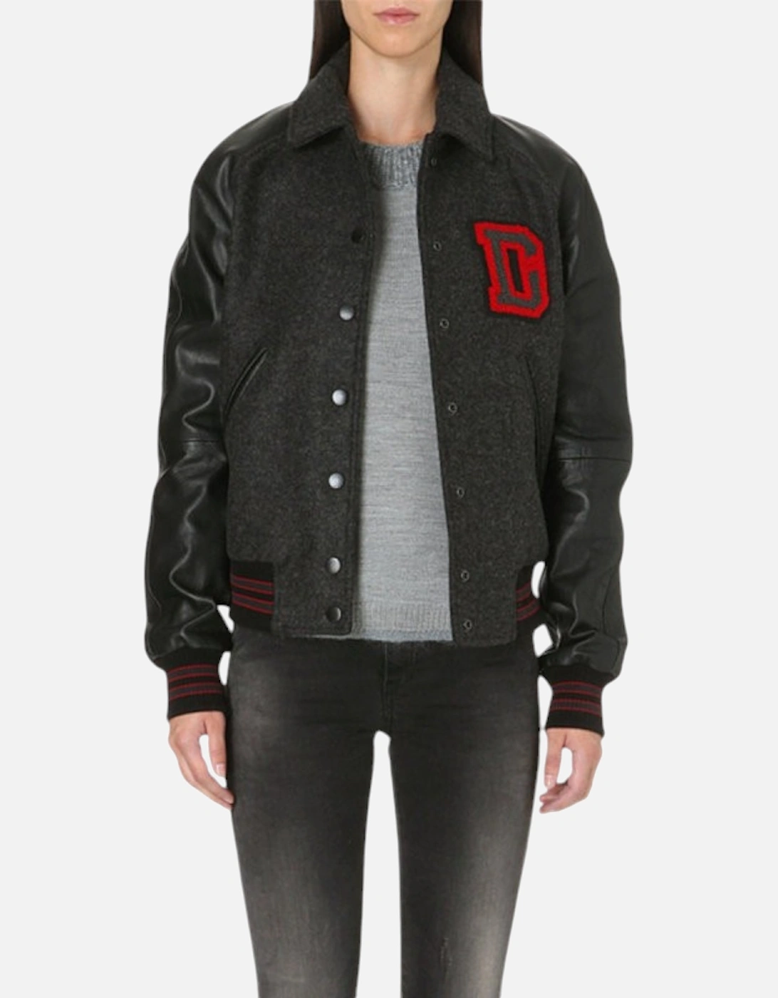 L CREW Womens Varsity Jacket Black Leather, 6 of 5