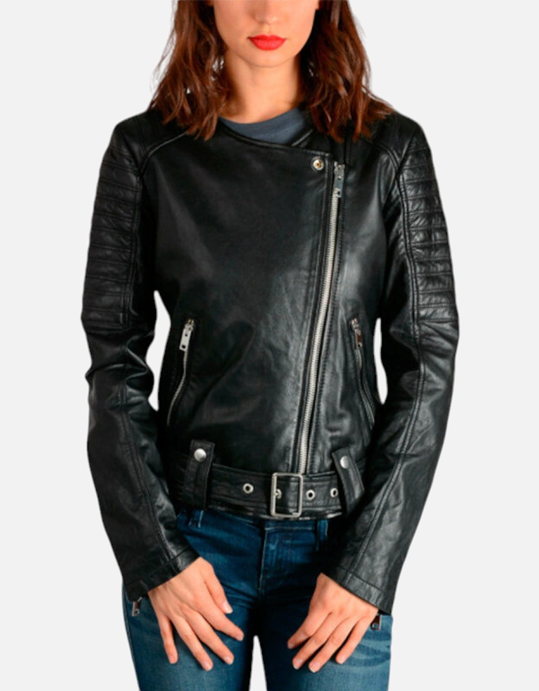 L MADE Womens Biker Jacket Black Leather Long Sleeve Ladies Zip Up Coat, 8 of 7