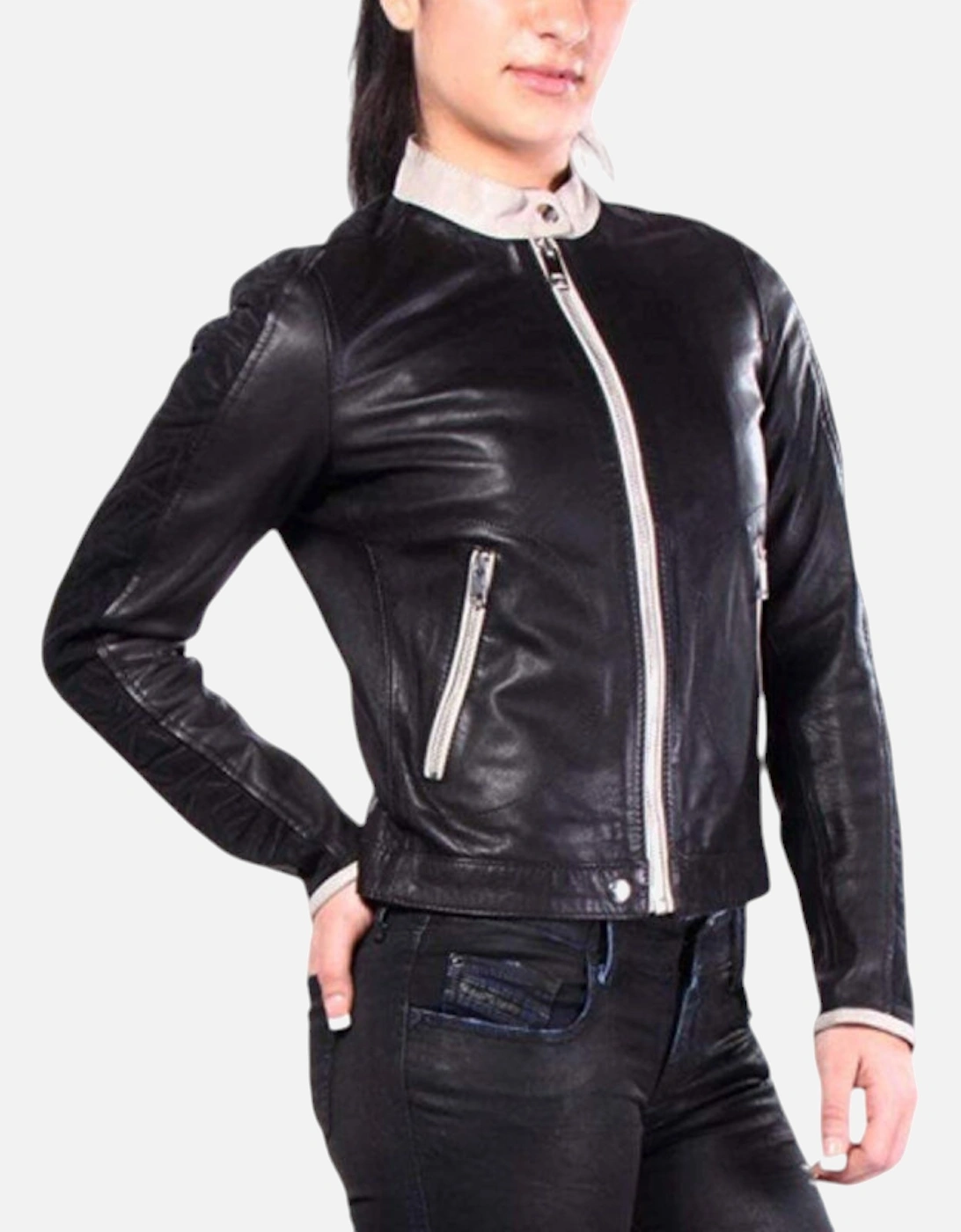 L GIN Womens Leather Jacket Long Sleeve Cafe Racer Ladies Biker Zip Coat, 6 of 5