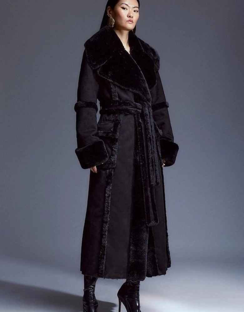 Faux Shearling Collar & Cuff Tie Belt Maxi Coat