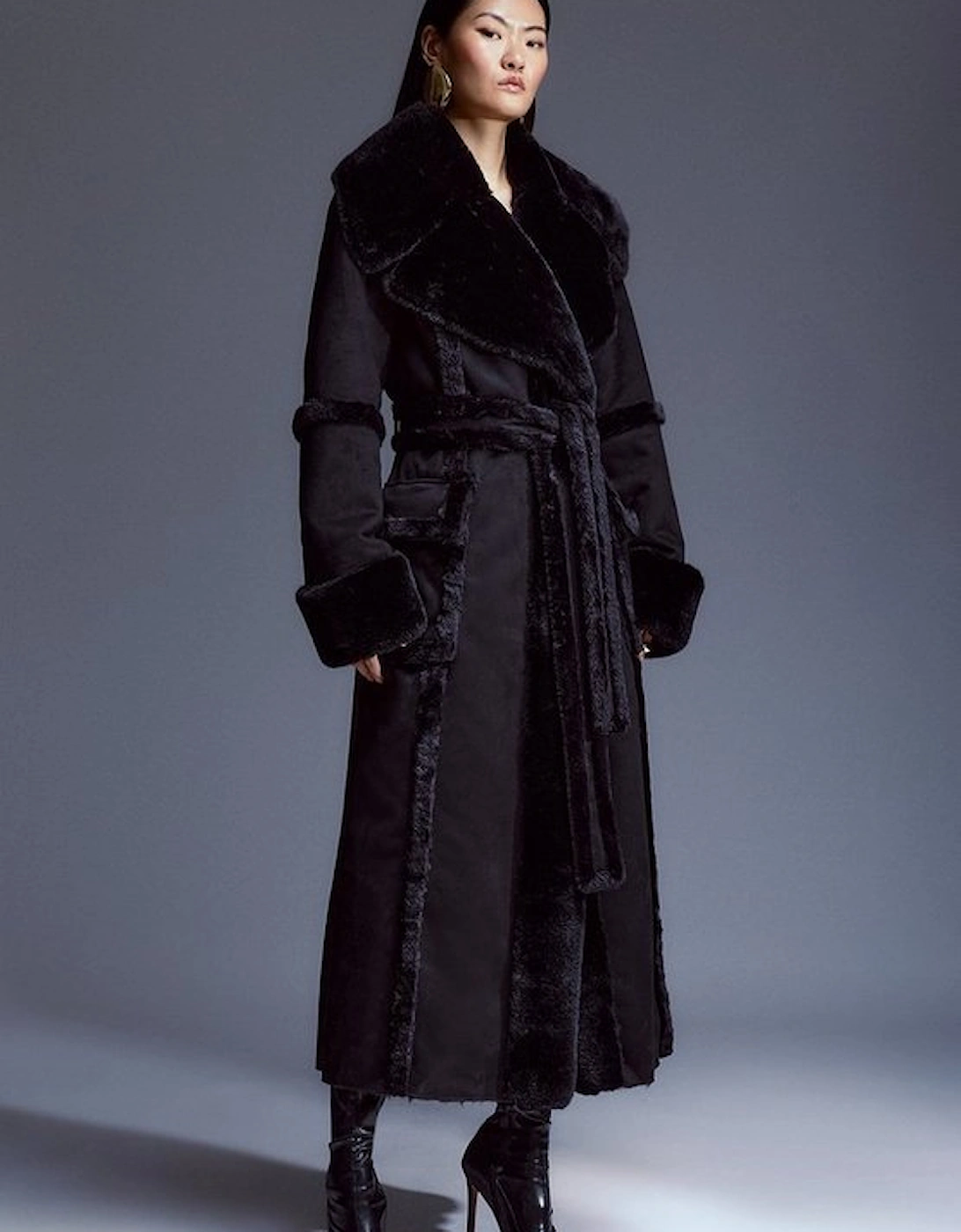 Faux Shearling Collar & Cuff Tie Belt Maxi Coat, 2 of 1