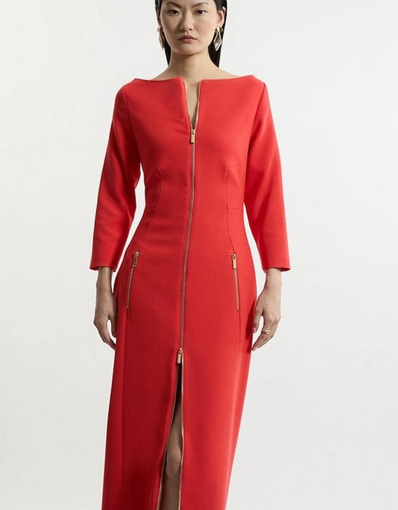 Compact Stretch Tailored Long Sleeve Zip Through Maxi Dress