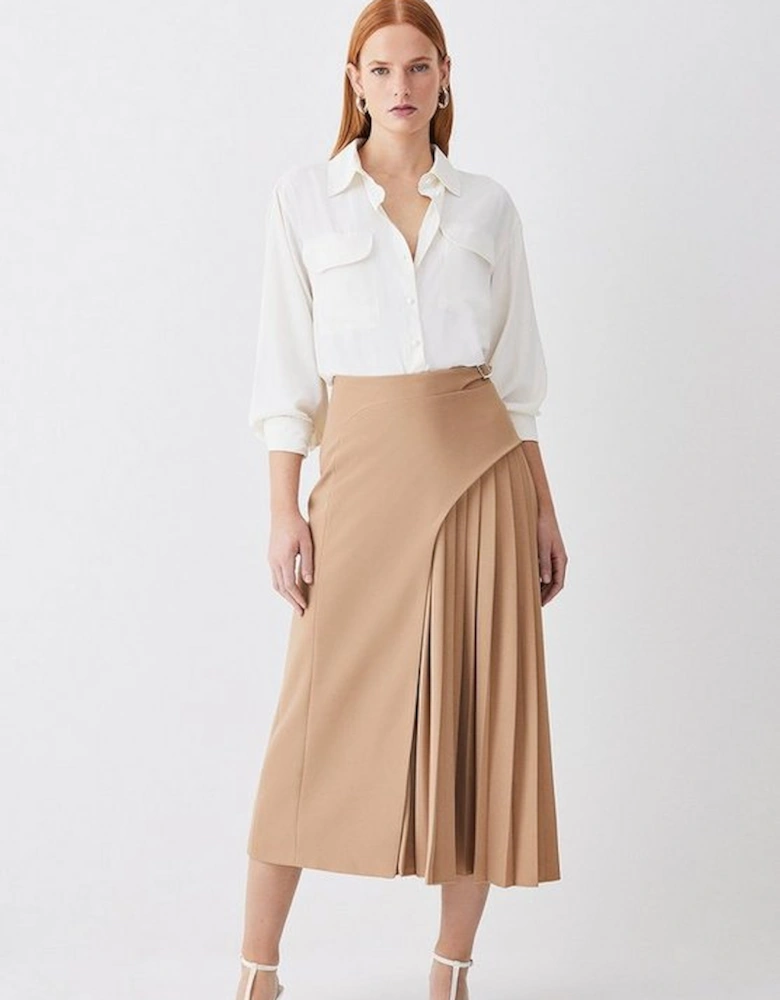 Tailored Buckle Detail Pleated Midi Skirt