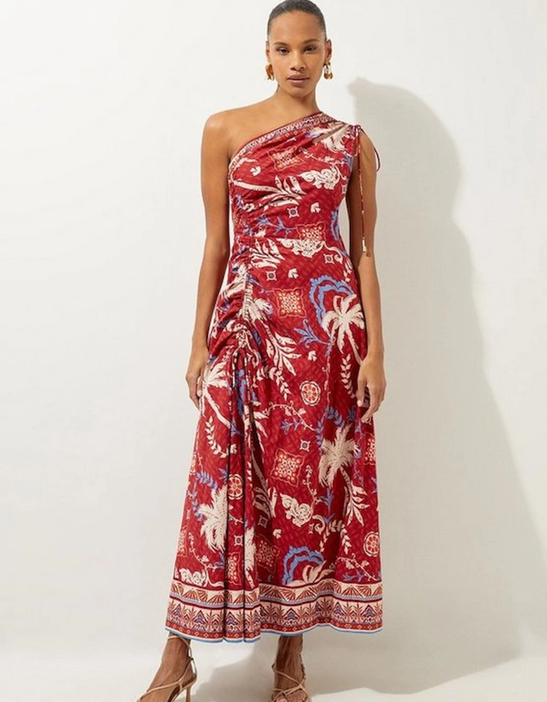 Printed Cotton Voile One Shoulder Midi Beach Dress