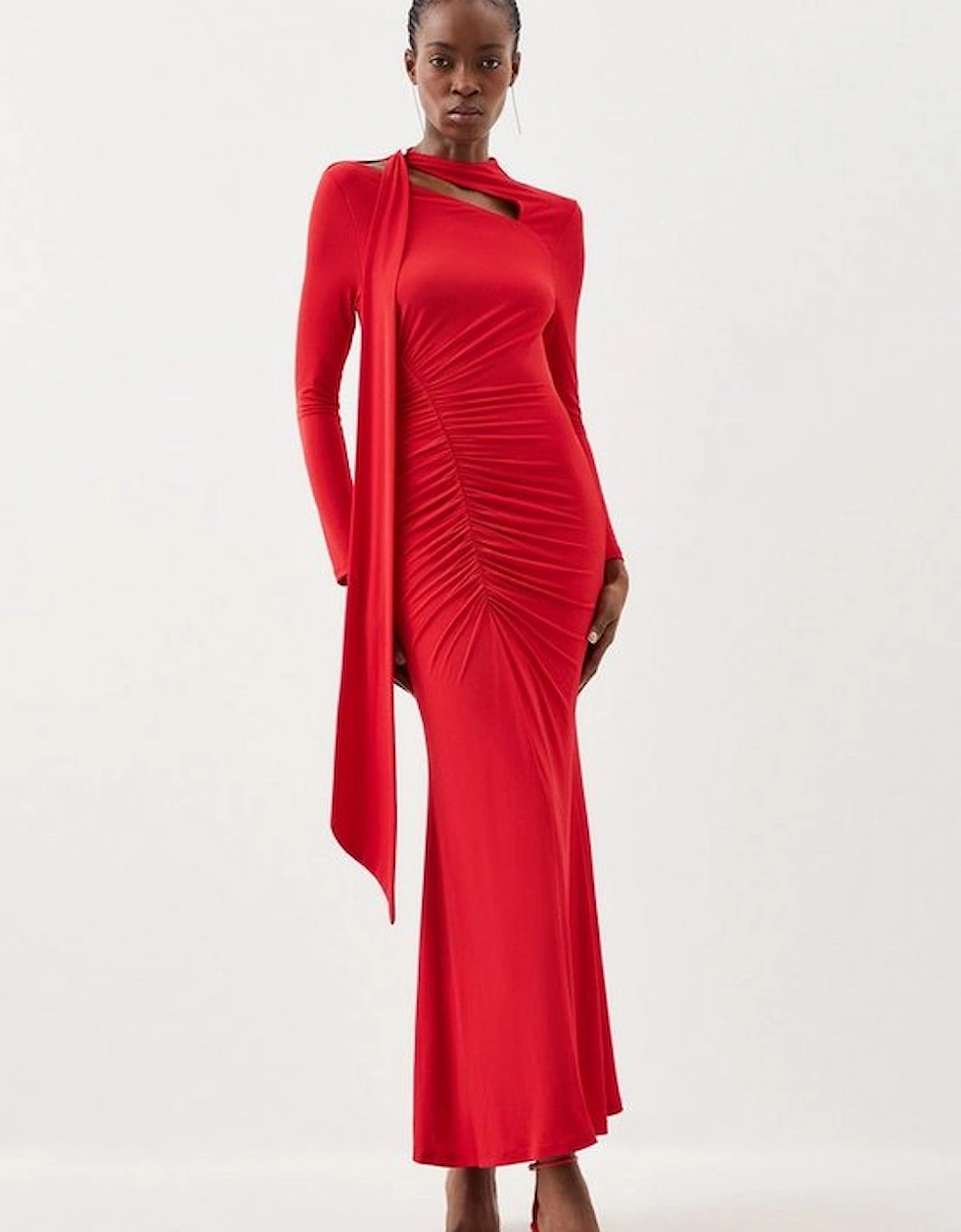 Jersey Crepe Ruched Tie Long Sleeve Maxi Dress, 5 of 4