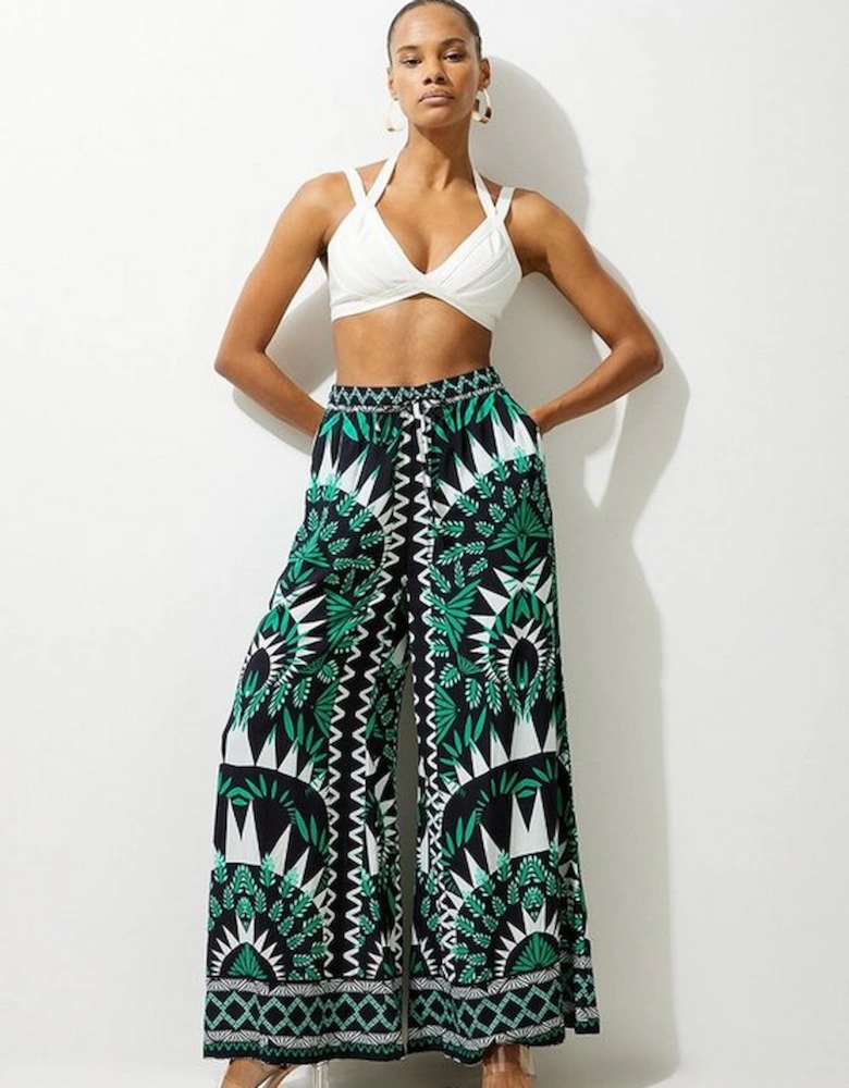 Mono Printed Viscose Woven Beach Wide Leg Trousers