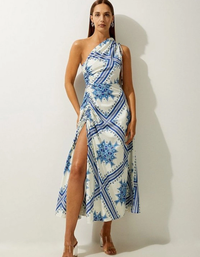 Printed Cotton Voile One Shoulder Midi Dress