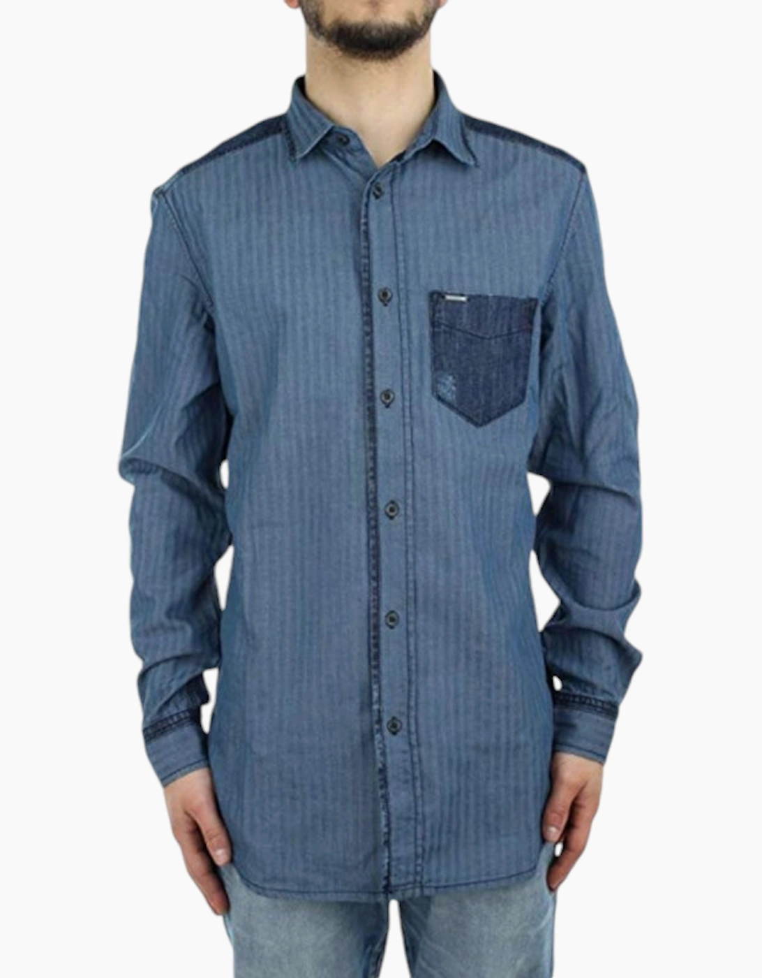 Men's DIESEL D JERRY CHEMISE 0TAOF Mens Shirt Summer Long Sleeve Casual Cotton Shirt - Blue - Size: 38/Regular