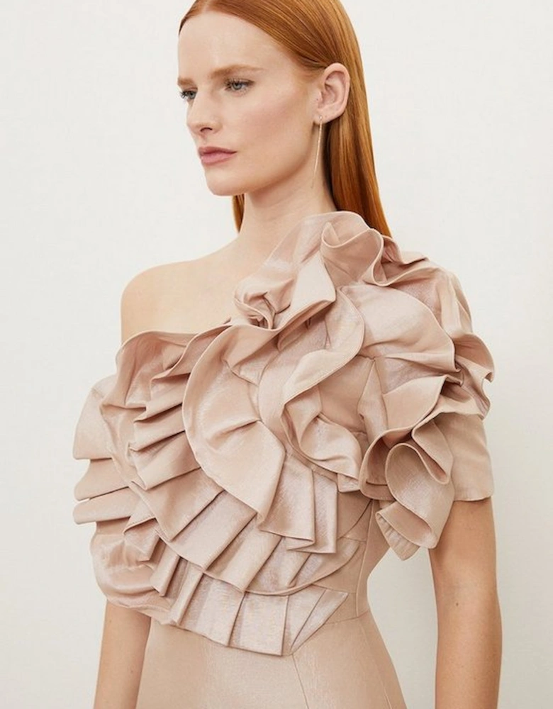 Tall Metallic Taffeta Rosette Midi Off The Shoulder Dress