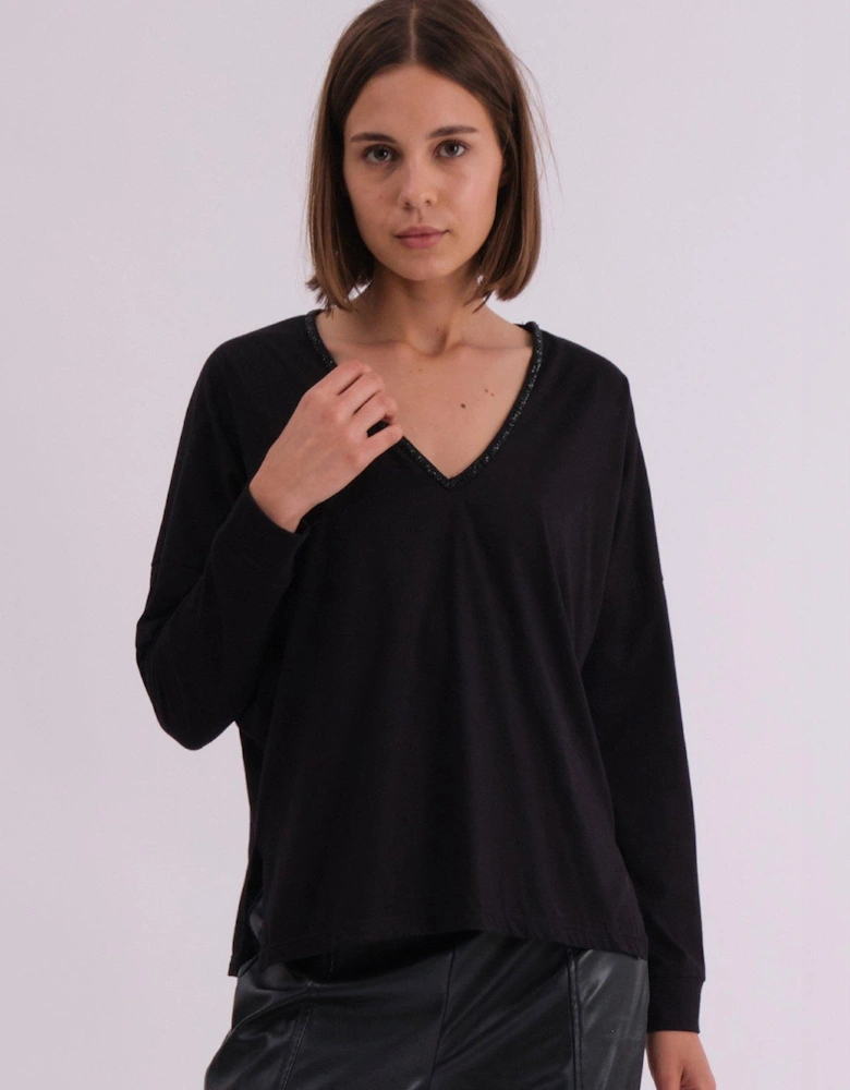 Long Sleeve Deep V-neck Jersey Top With Heavy Beaded Tonal Neck Line - Black