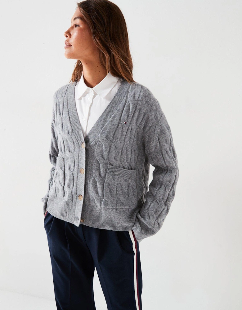 Soft Wool Cable Knit Cardigan - Grey