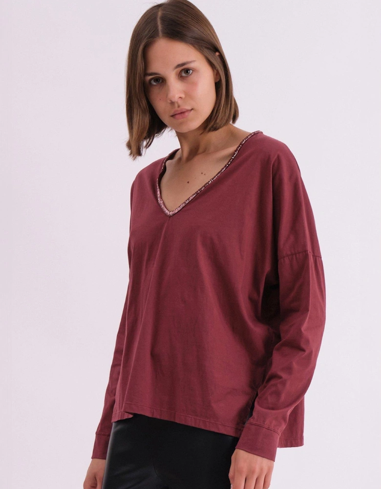 Long Sleeve Deep V-neck Jersey Top With Heavy Beaded Tonal Neck Line - Purple