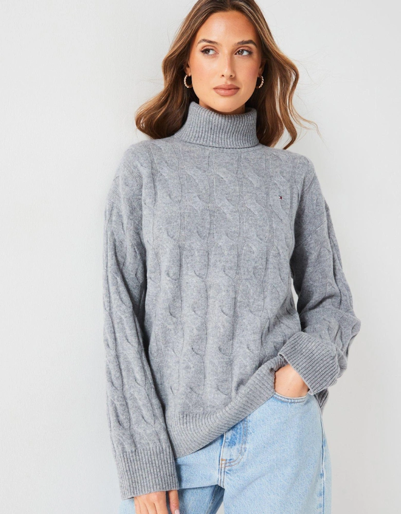 Soft Wool Cable Roll Neck Sweater - Grey