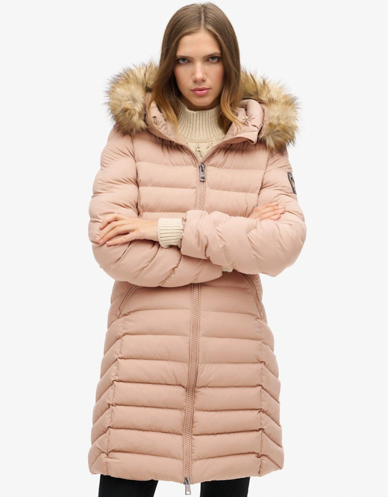 Fuji Faux Fur Hood Midi Length Jacket - Beige