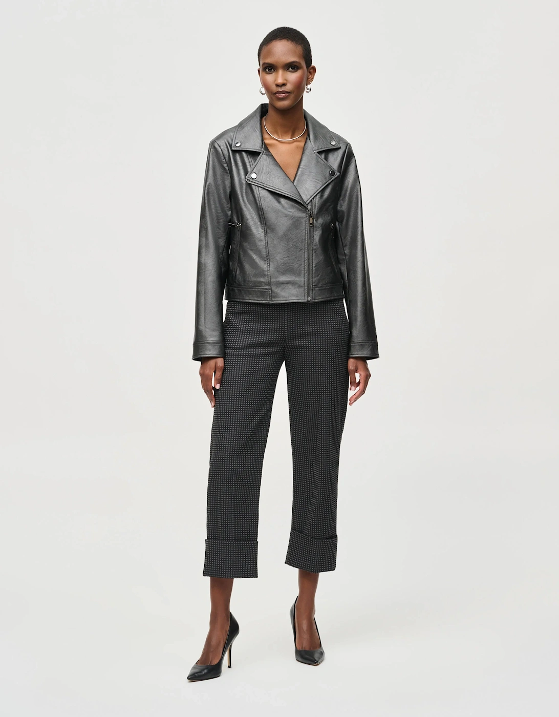 Faux leather biker jacket in gunmetal