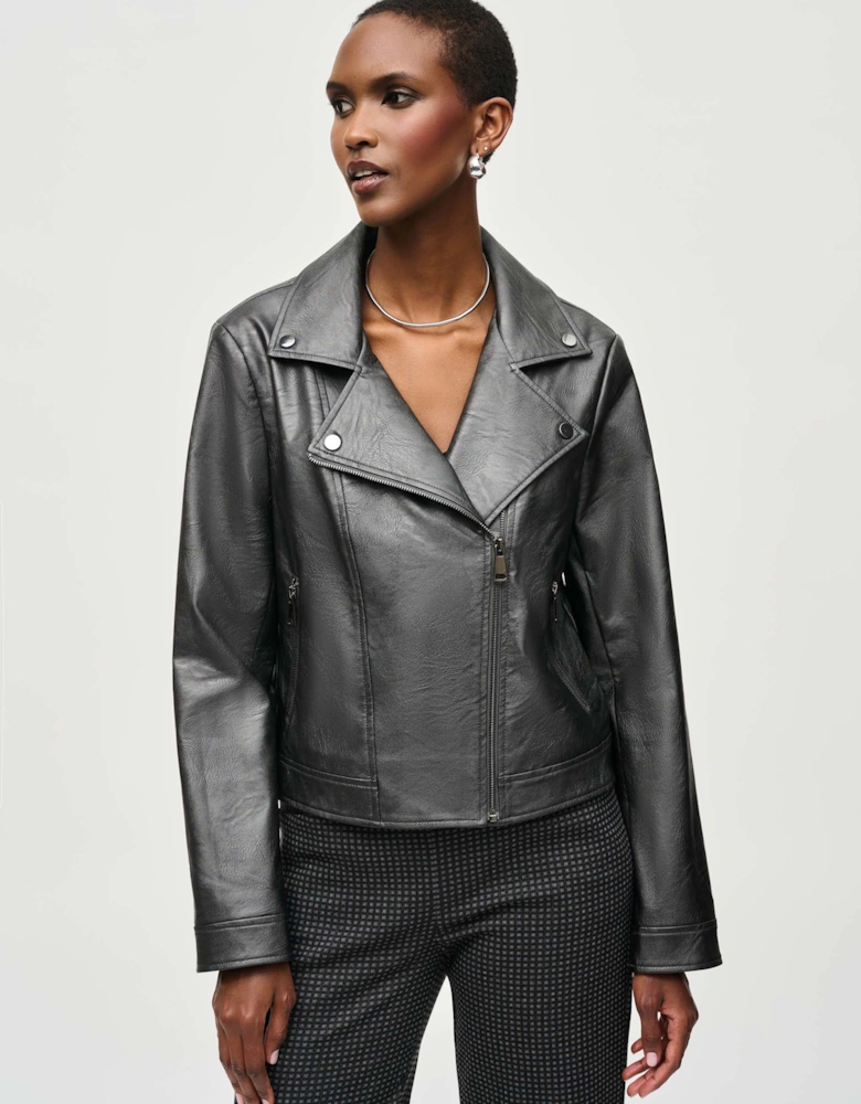 Faux leather biker jacket in gunmetal