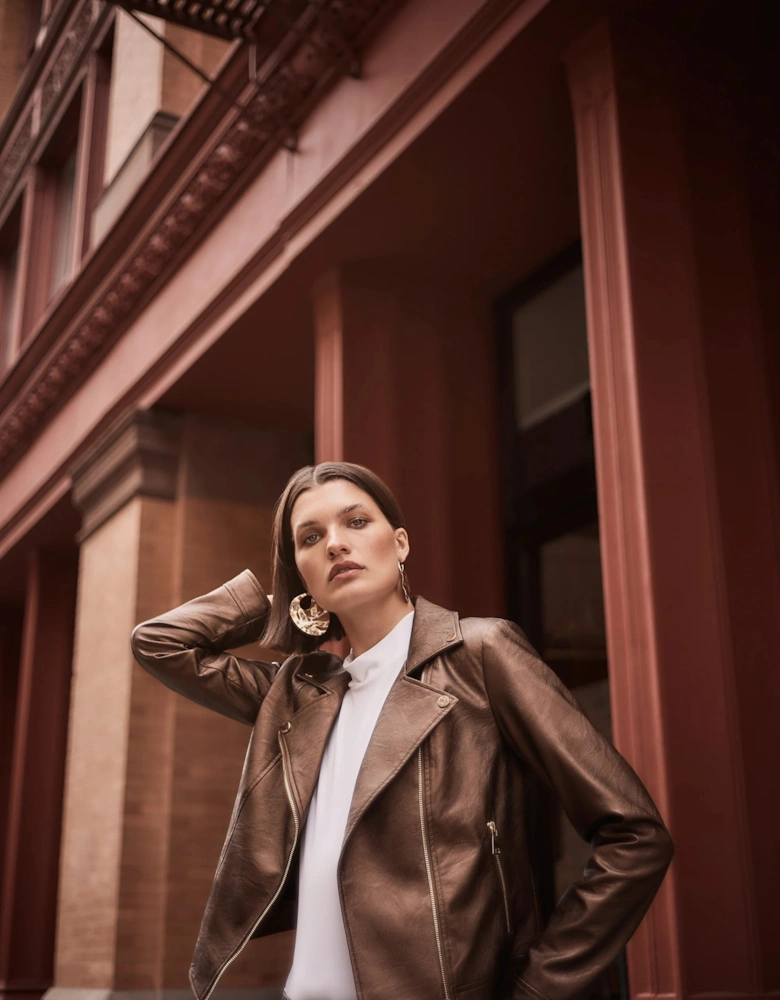 Faux leather biker jacket in bronze