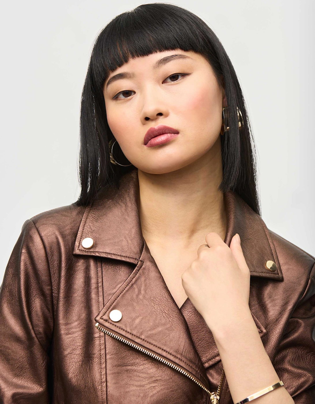 Faux leather biker jacket in bronze