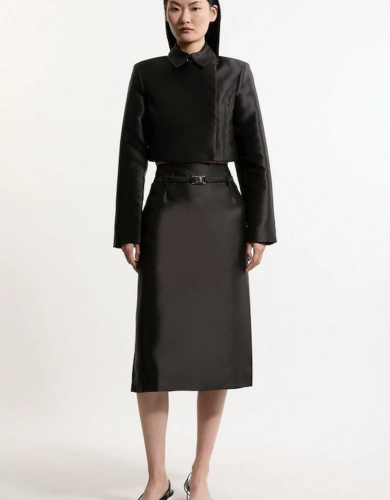 Satin Twill Belted Tailored Midi Skirt