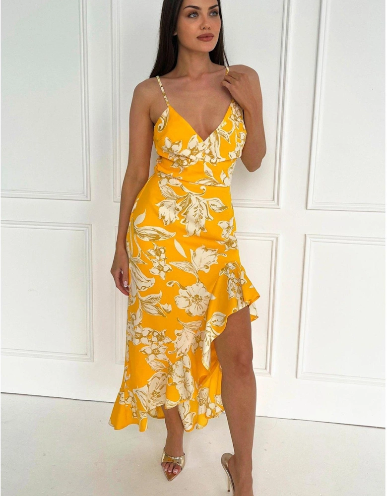 Floral Printed Strappy High Low Frill Hem Midi Dress - Yellow