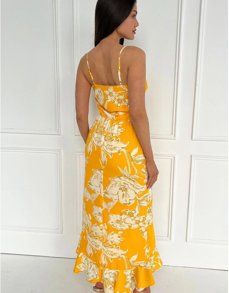 Floral Printed Strappy High Low Frill Hem Midi Dress - Yellow