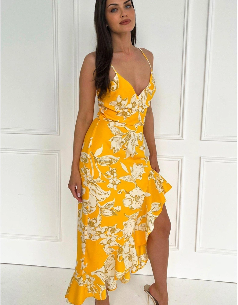 Floral Printed Strappy High Low Frill Hem Midi Dress - Yellow