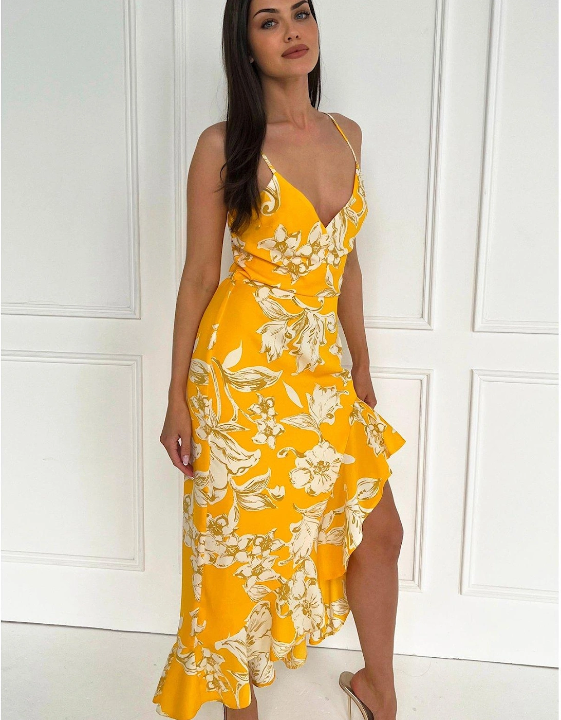 Floral Printed Strappy High Low Frill Hem Midi Dress - Yellow