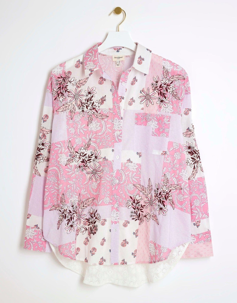 Patchwork Boyfriend Shirt - Medium Pink