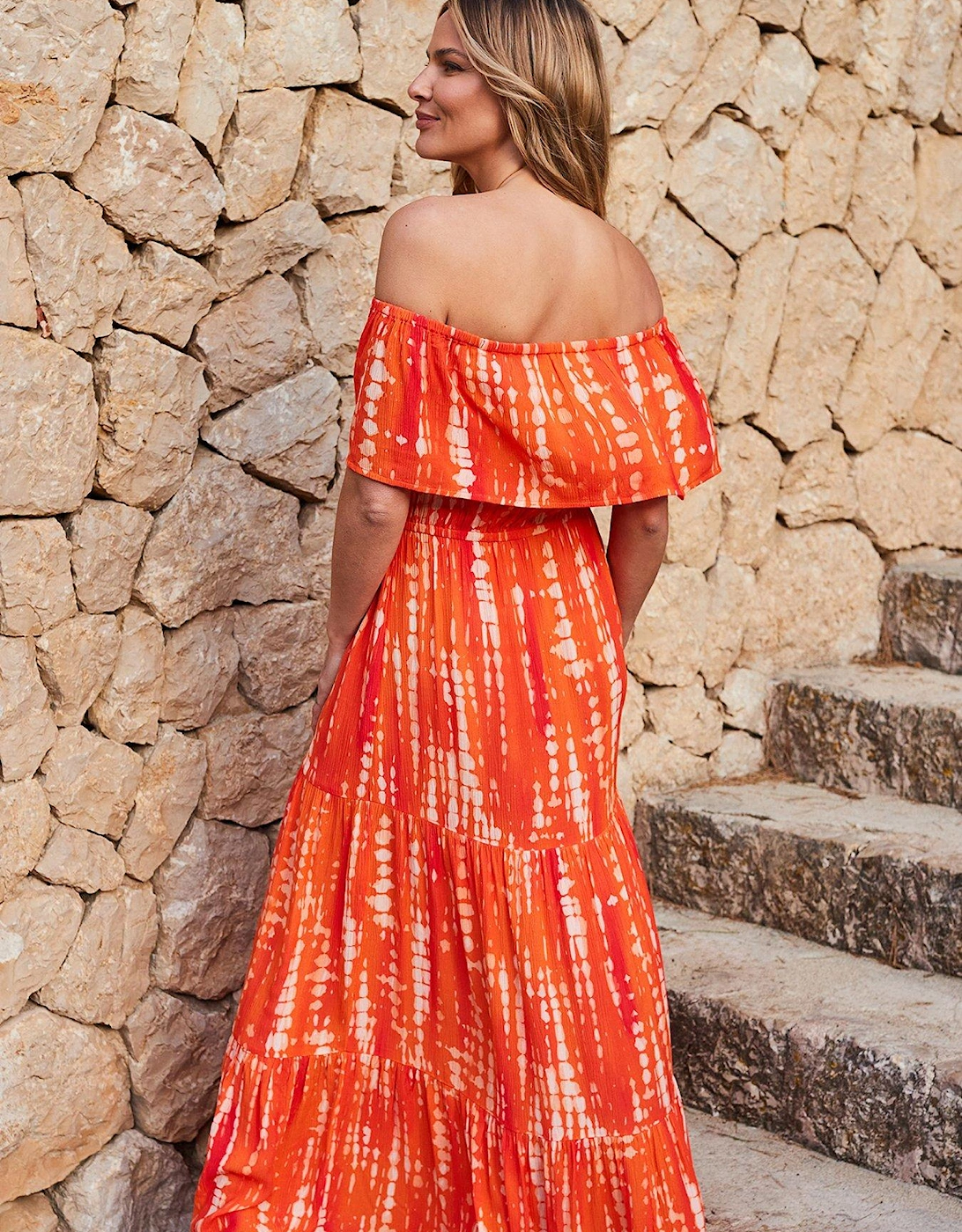 Belted Bardot Crinkle Tiered Dress - Orange