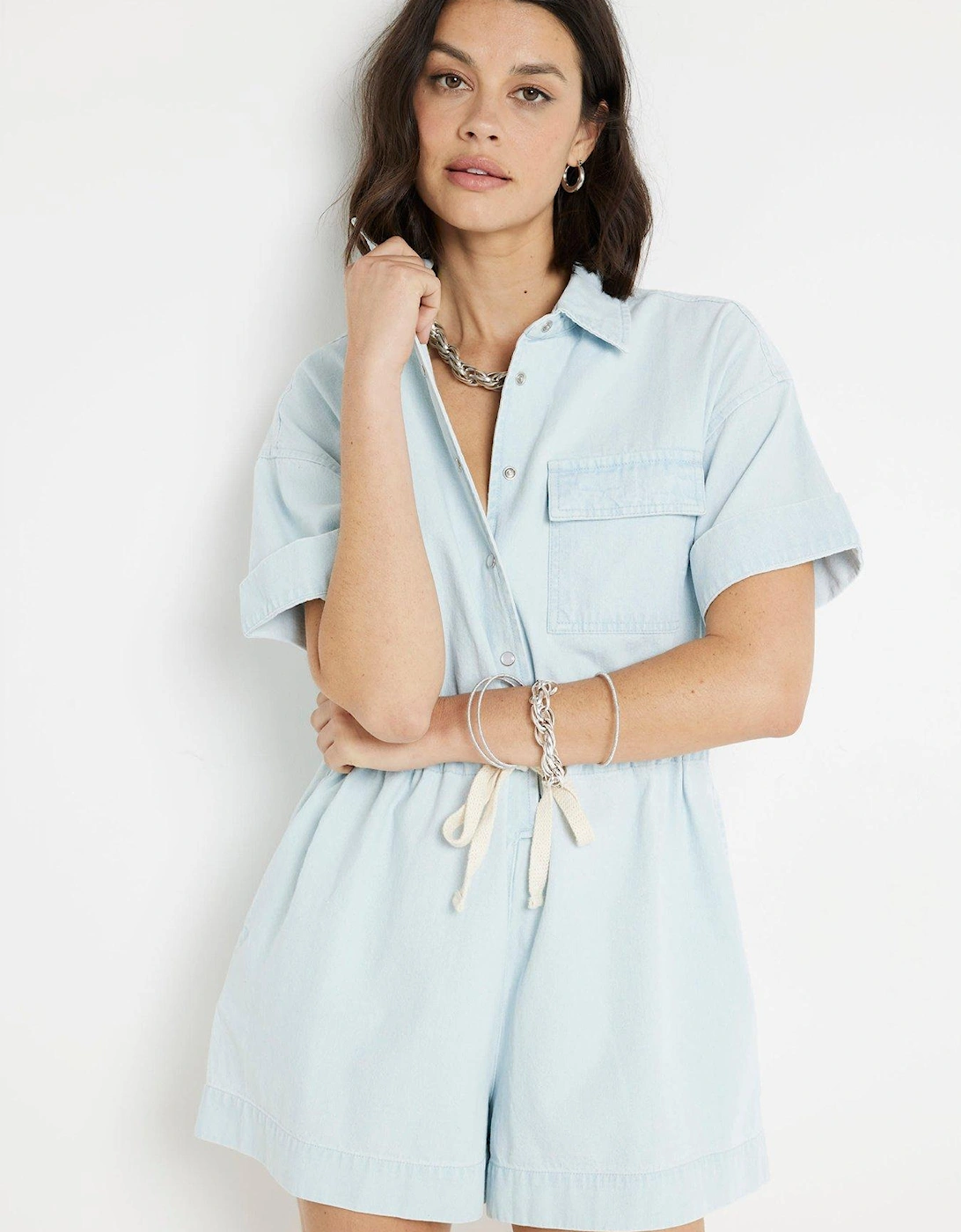 Tie Waist Denim Romper - Blue