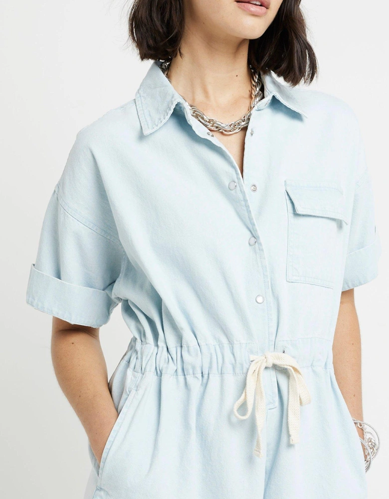 Tie Waist Denim Romper - Blue