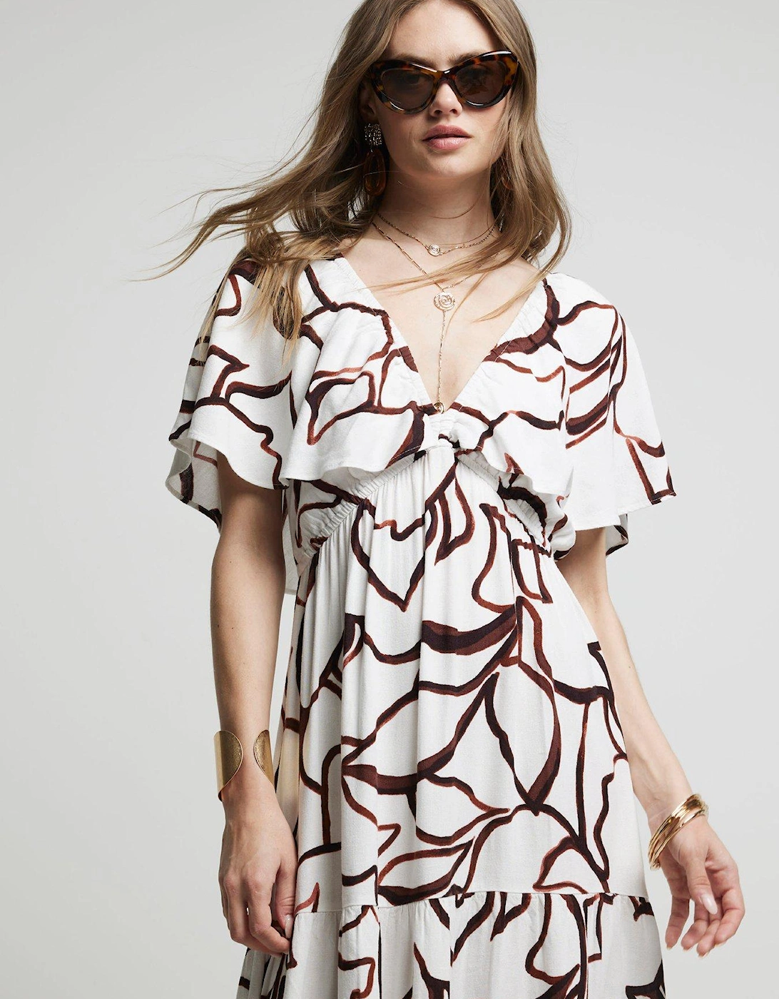 Frill Sleeve Dress - Brown