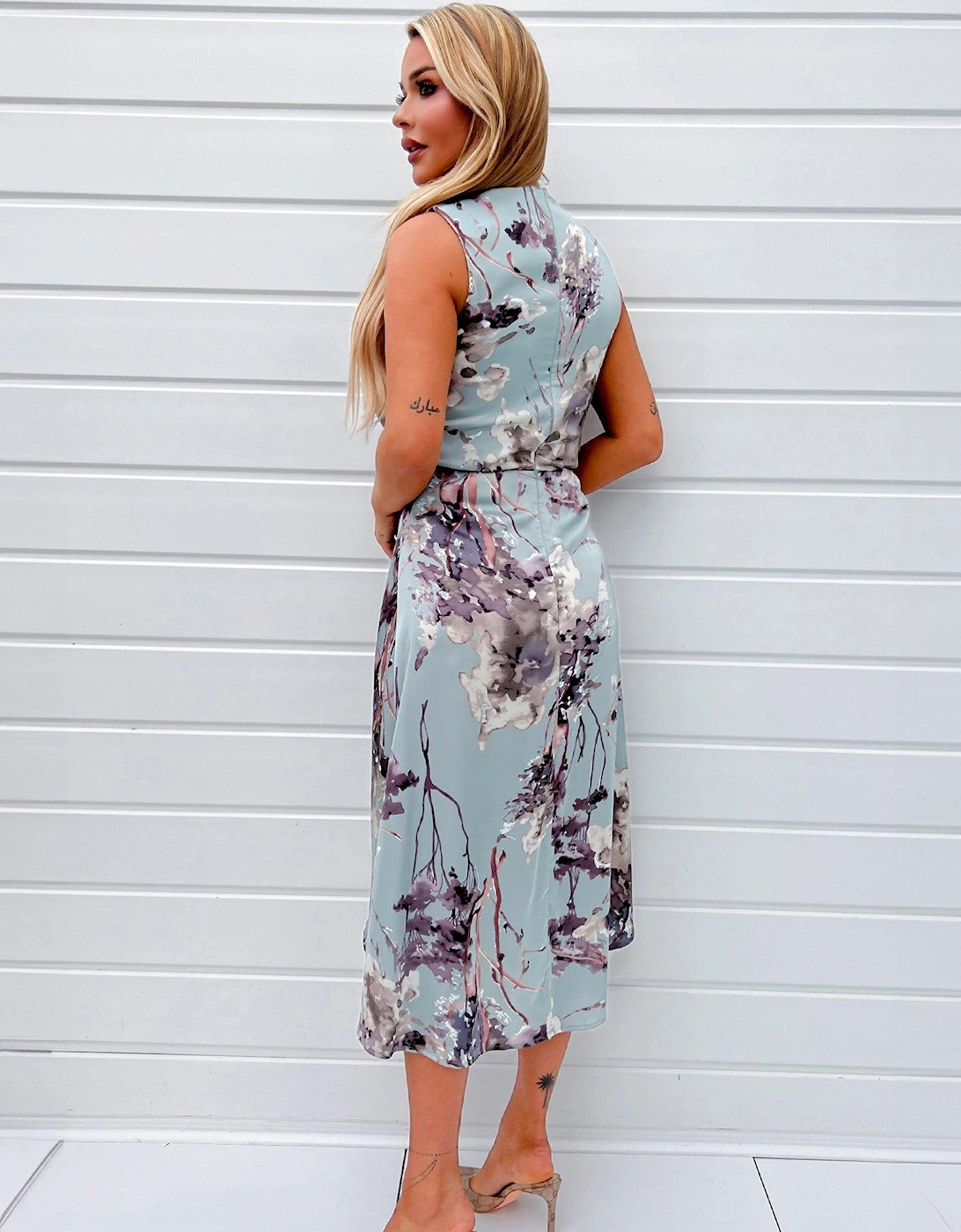 Satin Floral Sleeveless Midi Dress - Blue