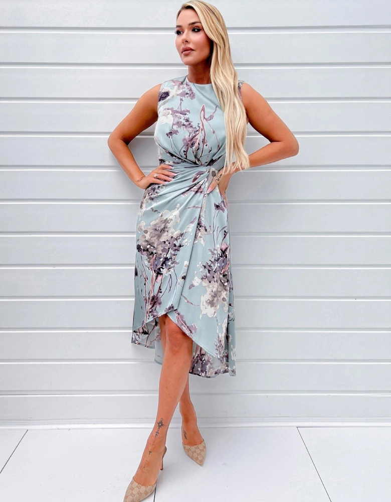 Satin Floral Sleeveless Midi Dress - Blue