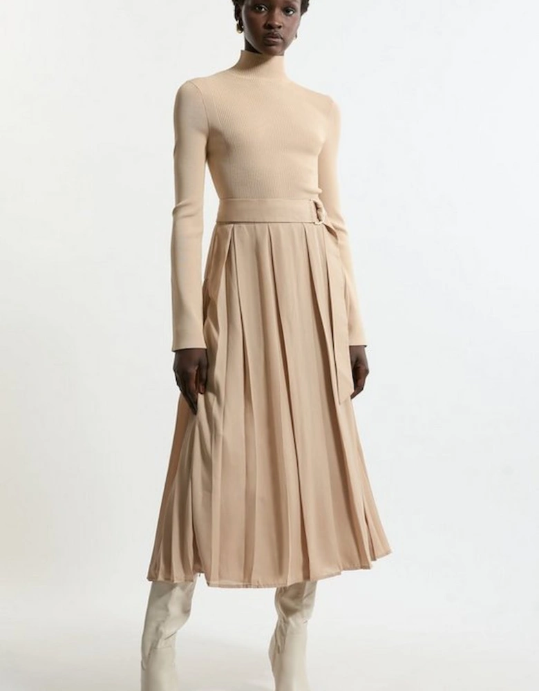 Georgette Belted Pleat Woven Midi Skirt