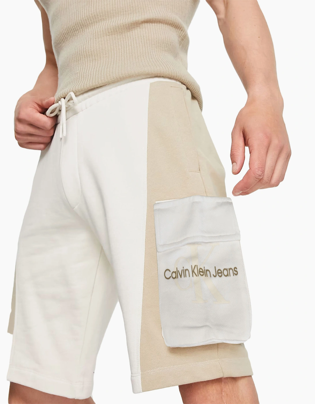 Men's Calvin Klein Jeans Mens Shorts Monogram Jersey Elasticated Cotton Summer Shorts - White Stone - Size: S - w27