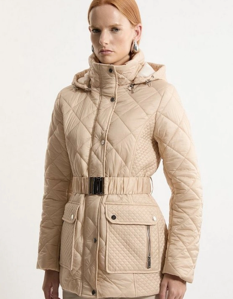 Diamond Quilted Belted Short Padded Coat