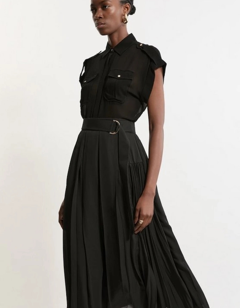 Tall Georgette Belted Pleat Woven Midi Skirt