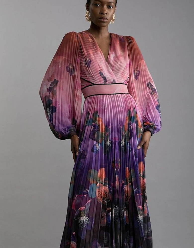 Ombre Floral Soft Pleated Long Sleeve Maxi Dress