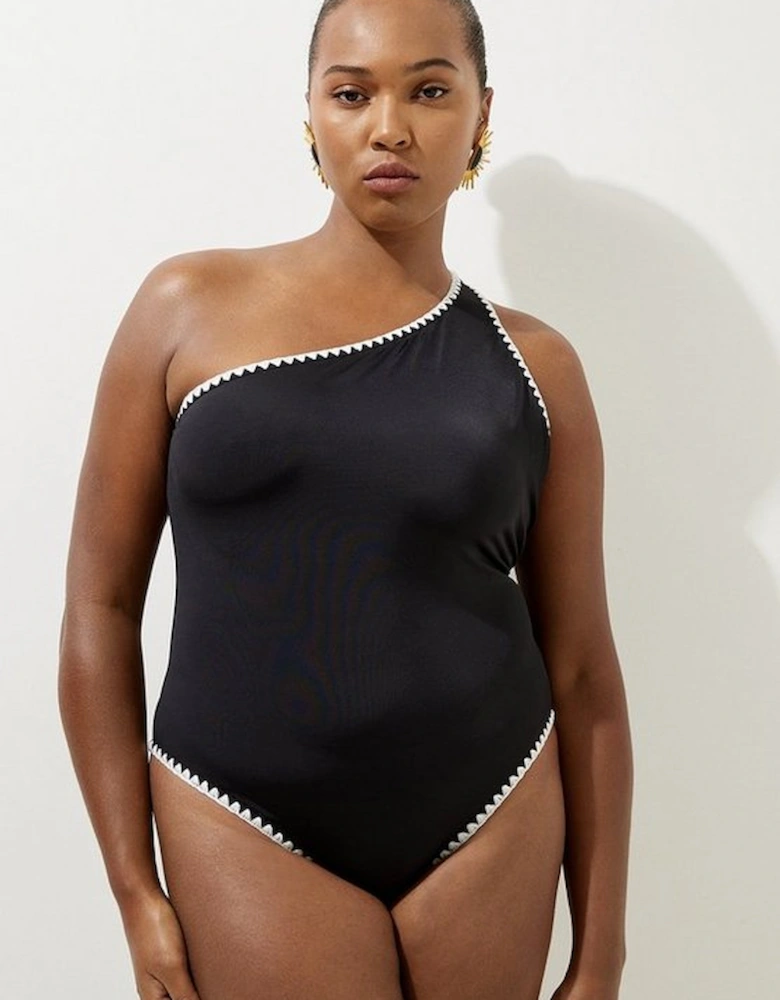 Plus Size Contrast Stitch One Shoulder Swimsuit