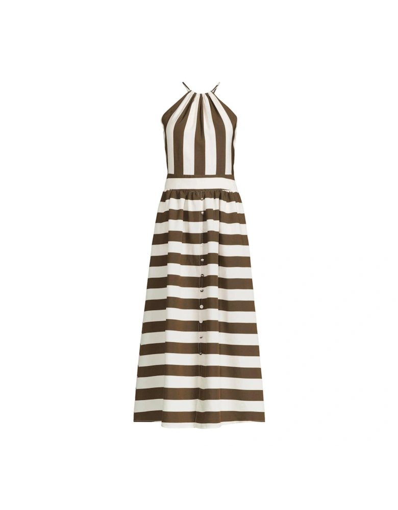 High Neck Striped Midaxi Dress - White/Brown