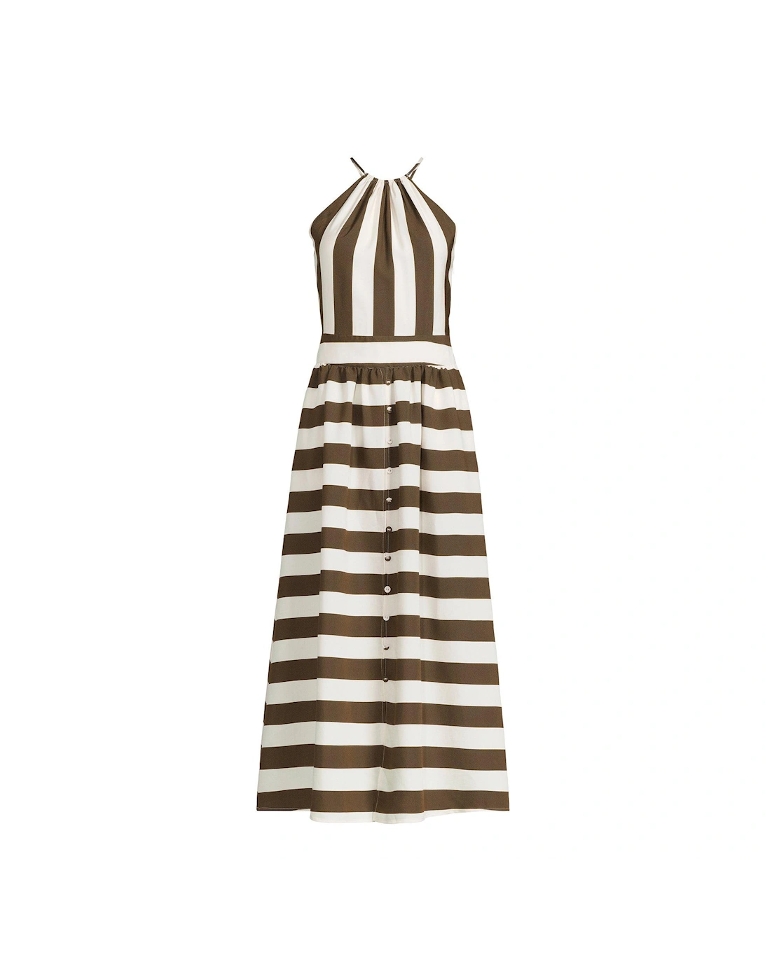 High Neck Striped Midaxi Dress - White/Brown