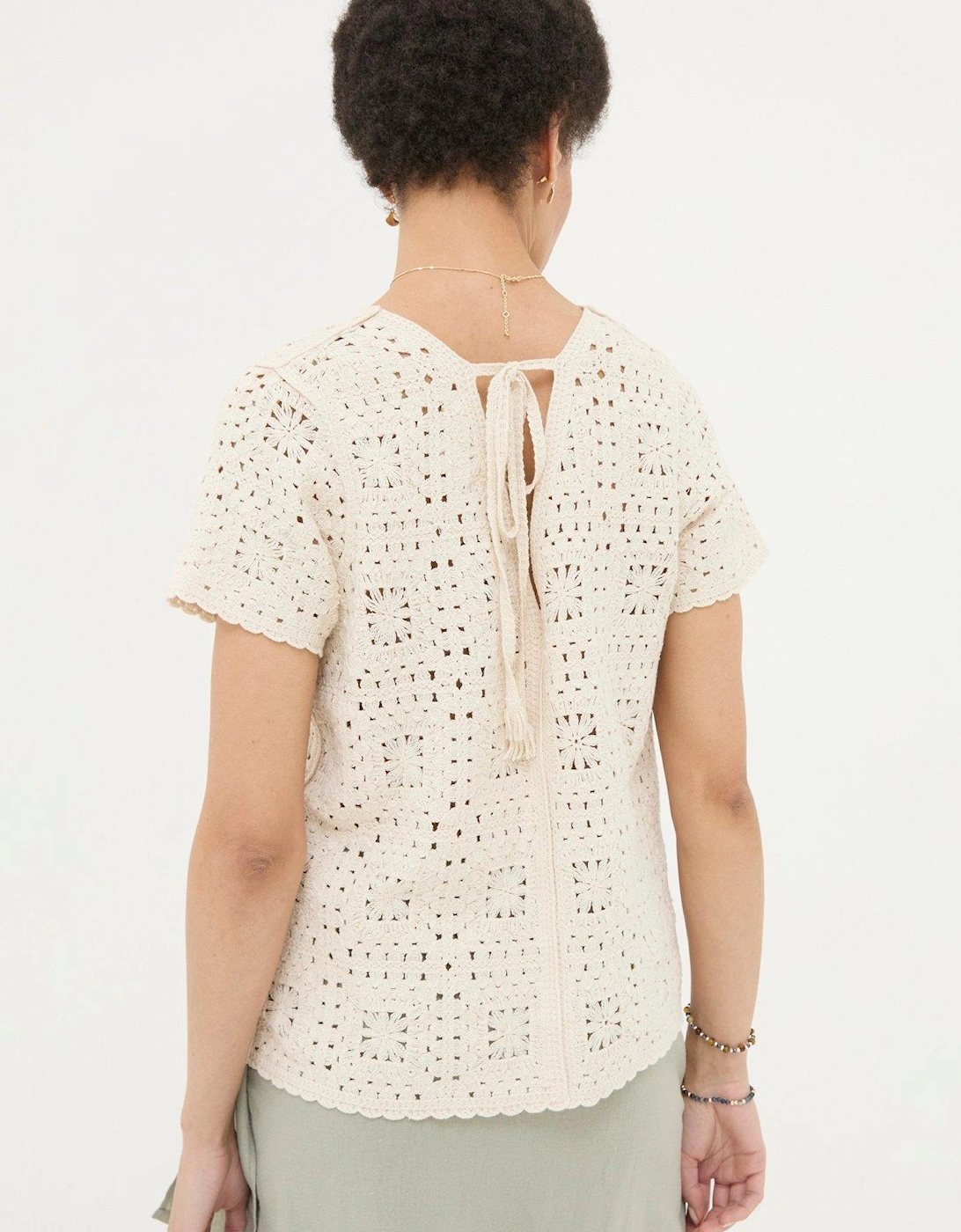 Patchwork Crochet Short Sleeve T-shirt - Cream