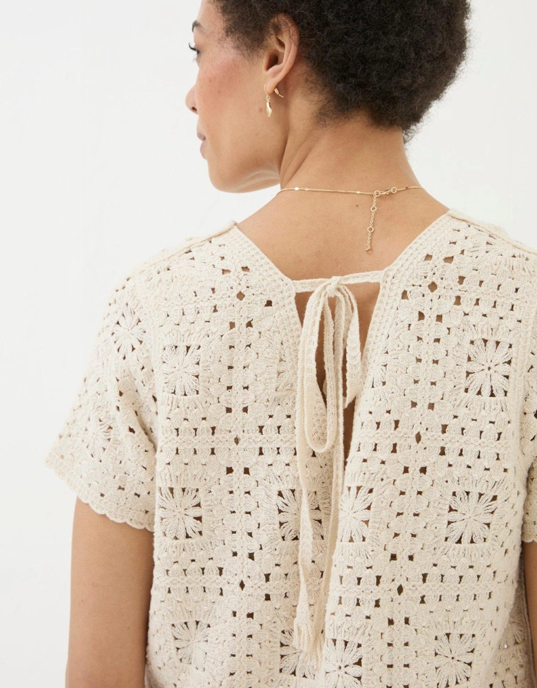 Patchwork Crochet Short Sleeve T-shirt - Cream