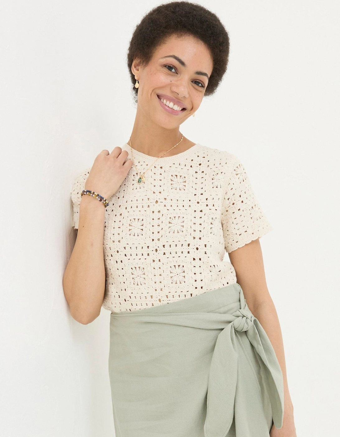 Patchwork Crochet Short Sleeve T-shirt - Cream