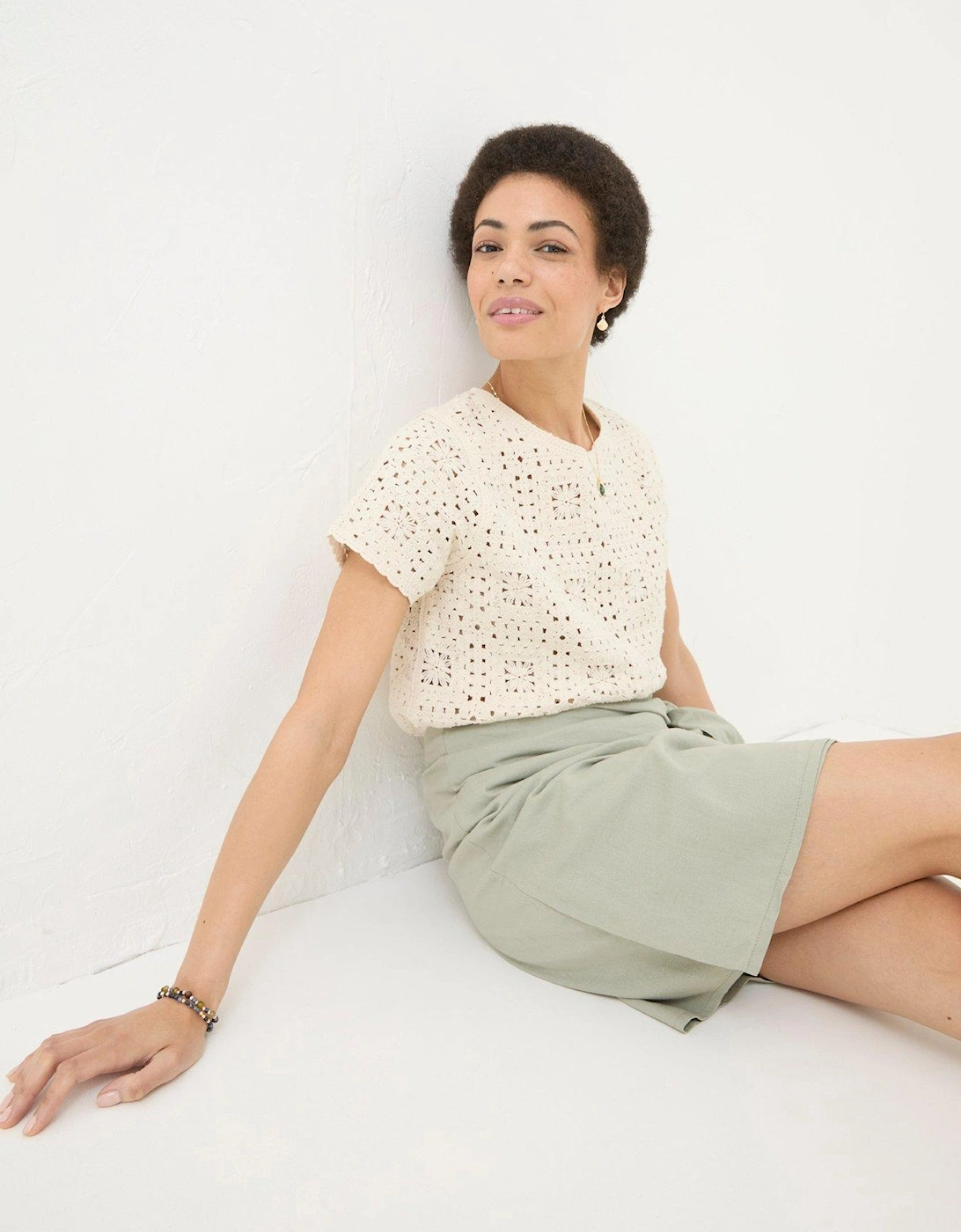 Patchwork Crochet Short Sleeve T-shirt - Cream