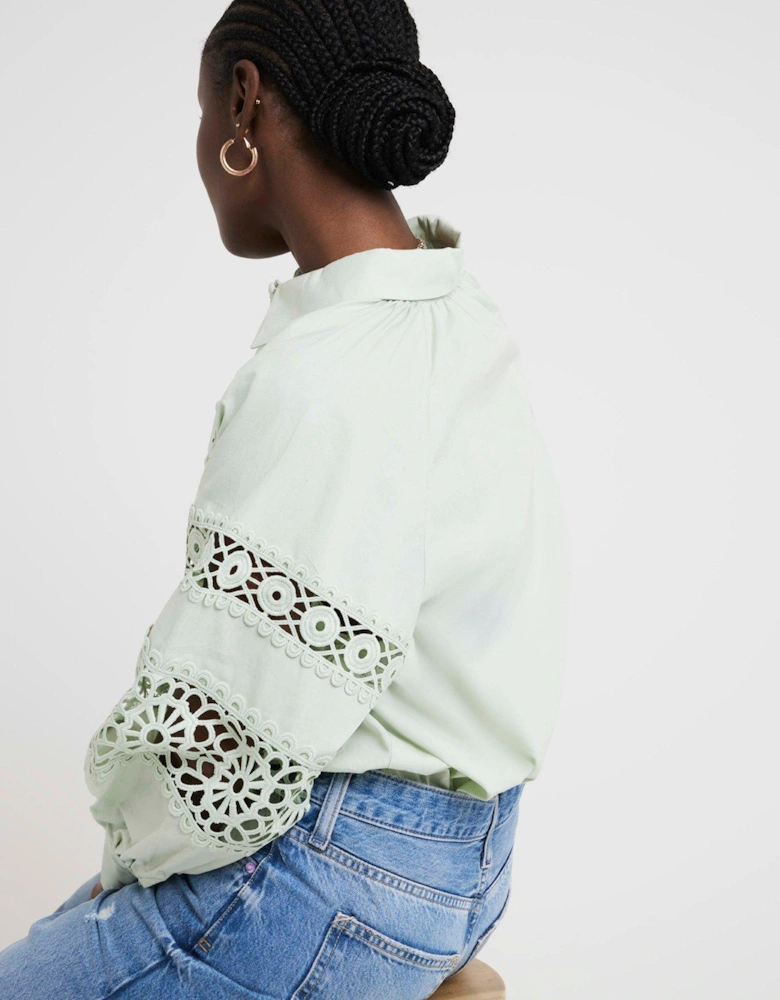 Crochet Panel Oversized Shirt - Light Green